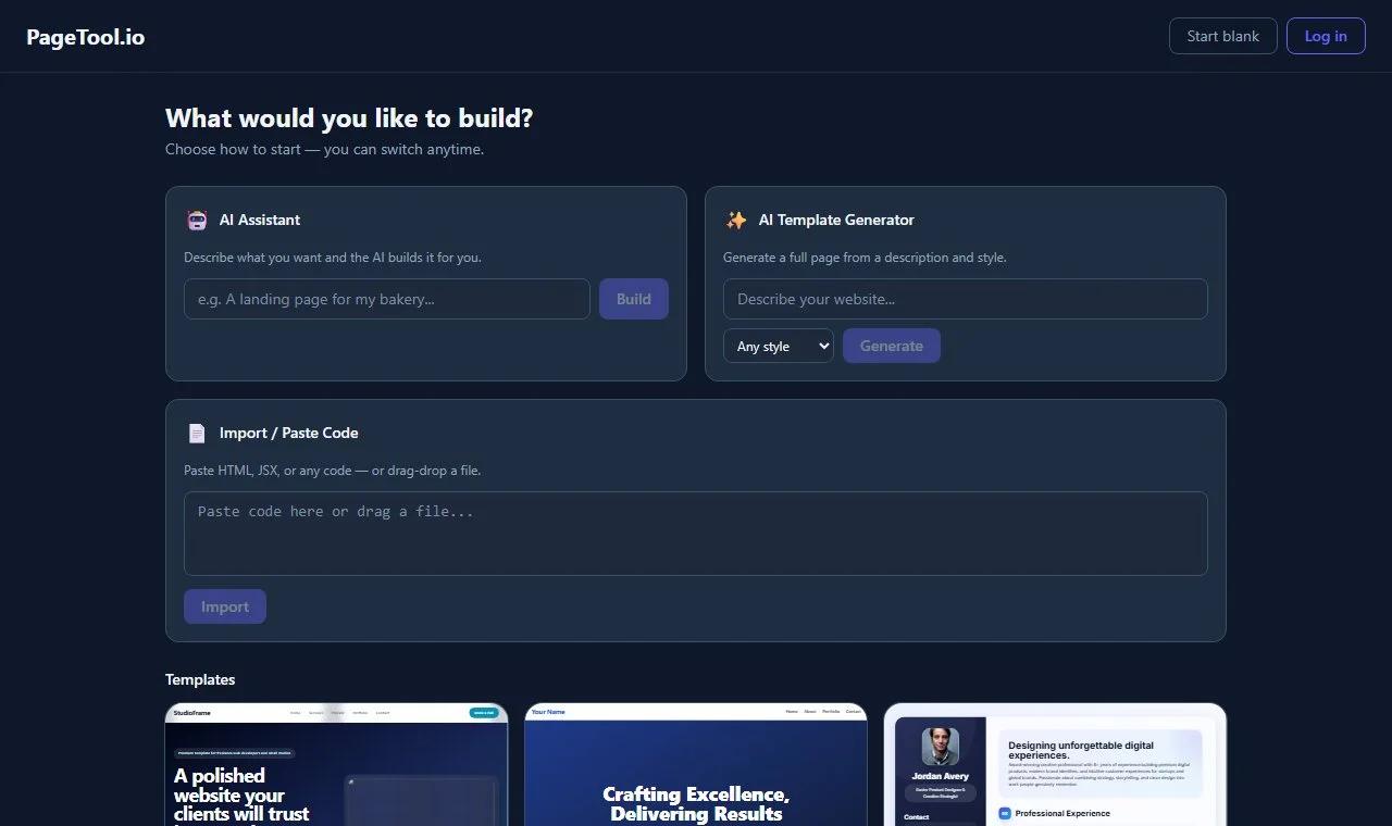 Pagetool start screen: build with the AI assistant, import your own code, or pick a template